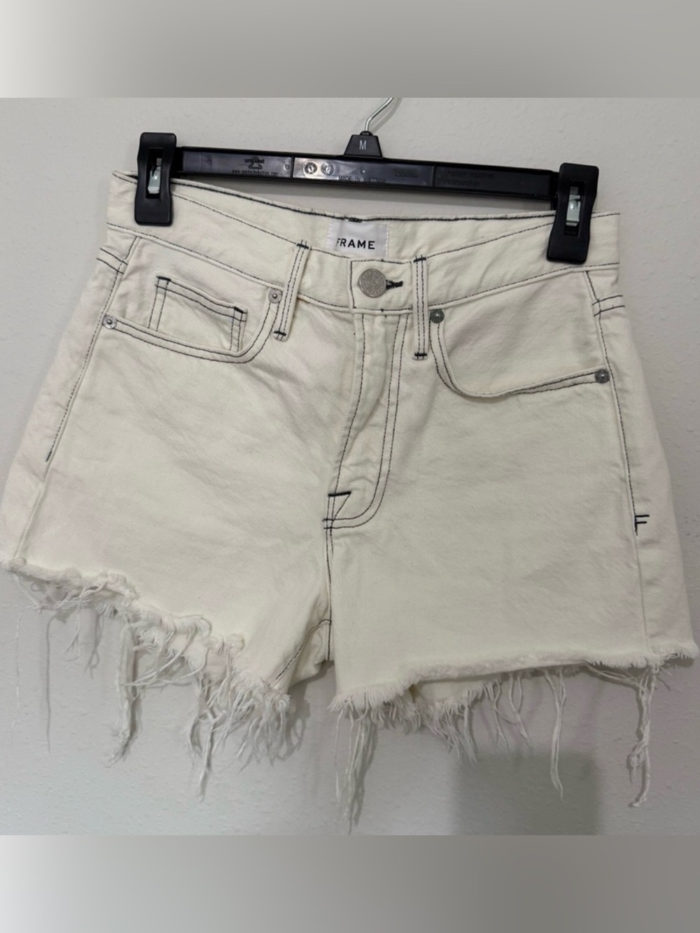 Frame Denim Cream Frayed High-Rise Jean Shorts
